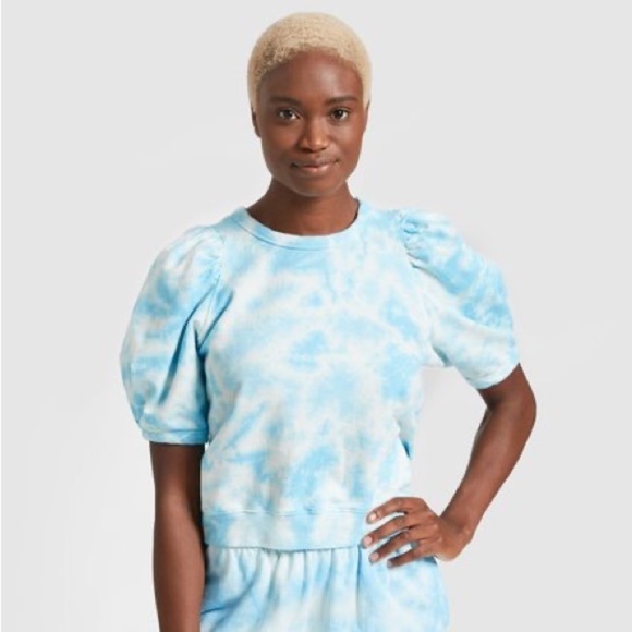 NWT Clare V Kallie Blue Cloud Tie Dye Sweatshirt Tee Puff Sleeves size large